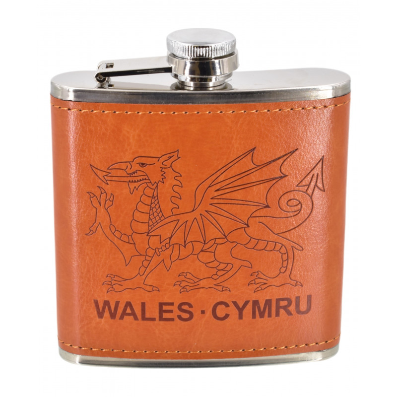 Wales / Cymru Leather Wrapped Hip Flask