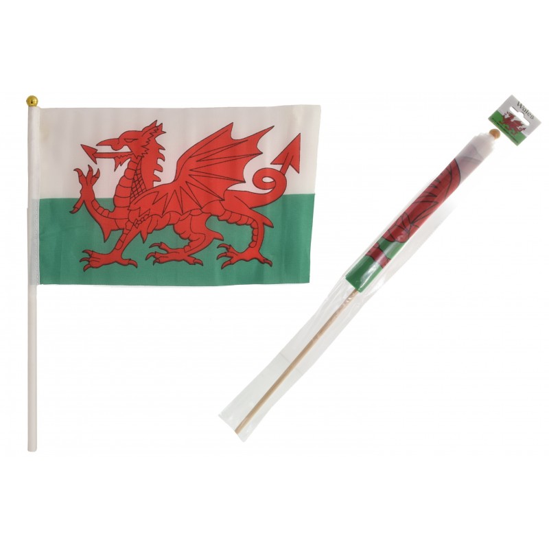 12" x 18" Wales Flag on Wooded Stick Packaged